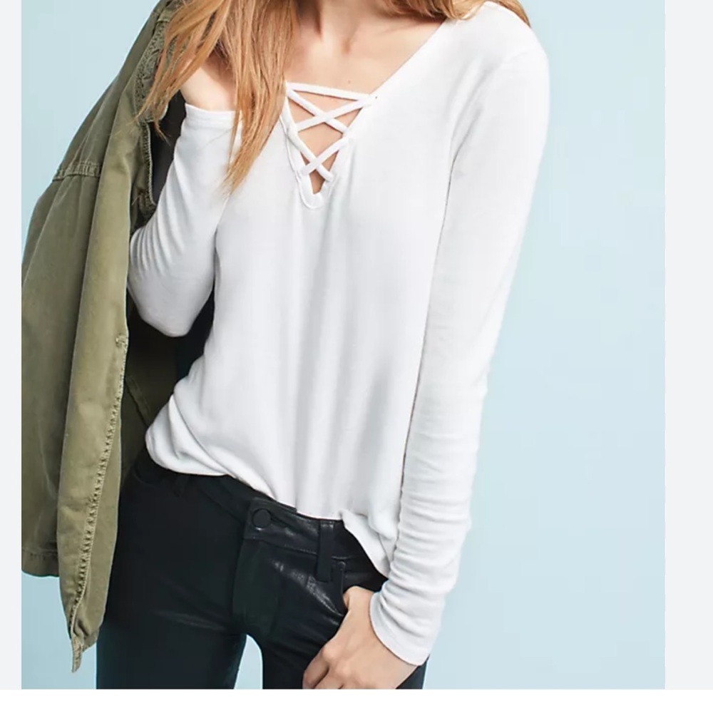 Anthropologie Eri + Ali White Long Sleeve Lace Up Tee Sz L